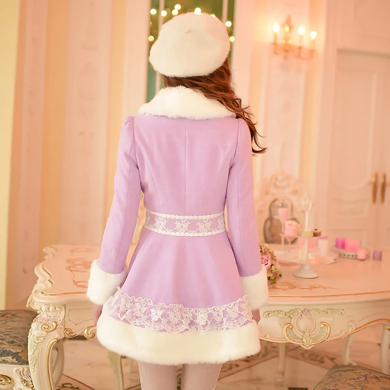 Princess sweet purple woolen coat Candy rain Lace Brow decoration Single breasted tailored collar  Japanese design  C16CD5928