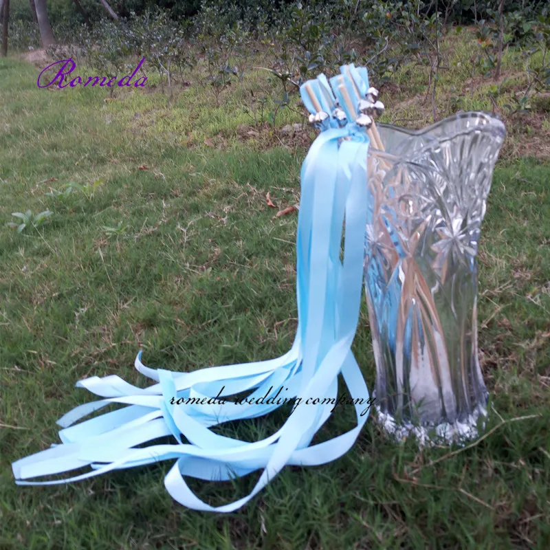 Newest 50pcs/lot Light Blue wedding ribbon wands with sliver bell for wedding decoration