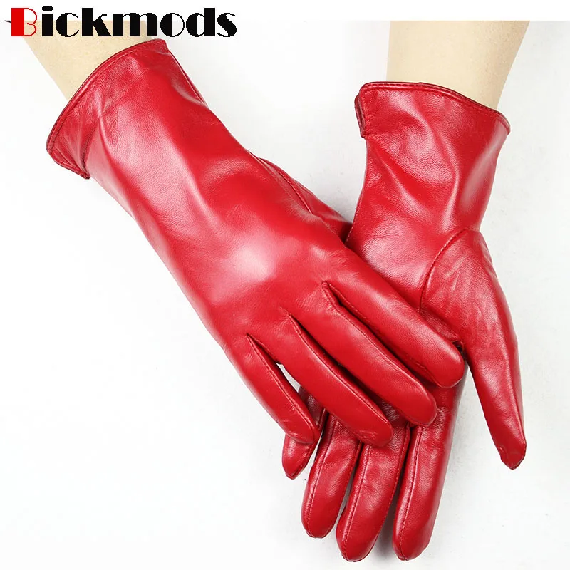 Color Sheepskin Leather Gloves Women\'s Straight Style Wool Lining Fall/Winter Warm Motorcycle Riding Car Driving Finger Gloves