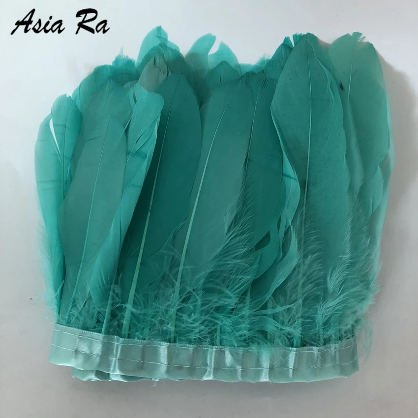 freeShipping 10 Meters/lot Mint Green goose Duck Feather Fringe Trim trimming on satin 15-20cm wedding party wings accessory