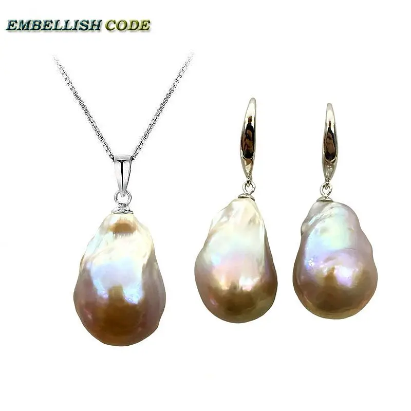 

2018 purple golden Simple baroque pearl pandent necklace hook dangle earrings set nucleated fire ball style box chain 16'' 18''