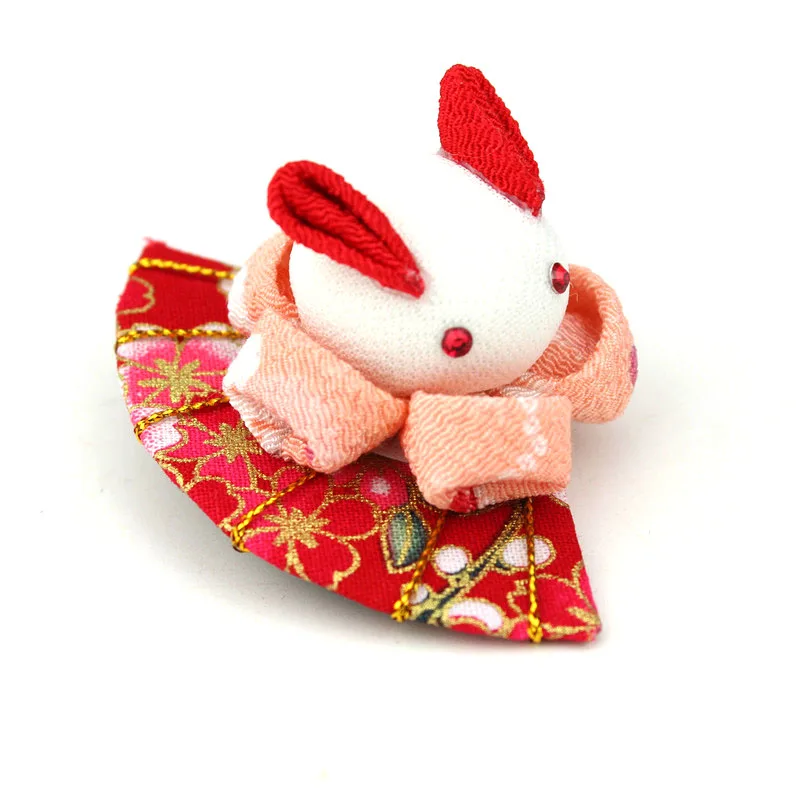 

Traditional Japanese Tsumami Kanzashi Children Seven-Five-Three Fan Lovely Rabbit Yukata Thick Cotton Fabric Headclip HW006-F