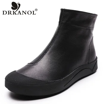 DRKANOL Autunno Inverno Stivaletti piatti in vera pelle per donna Stivali caldi Cerniera laterale Morbida e confortevole Botas in pelle di mucca H8066