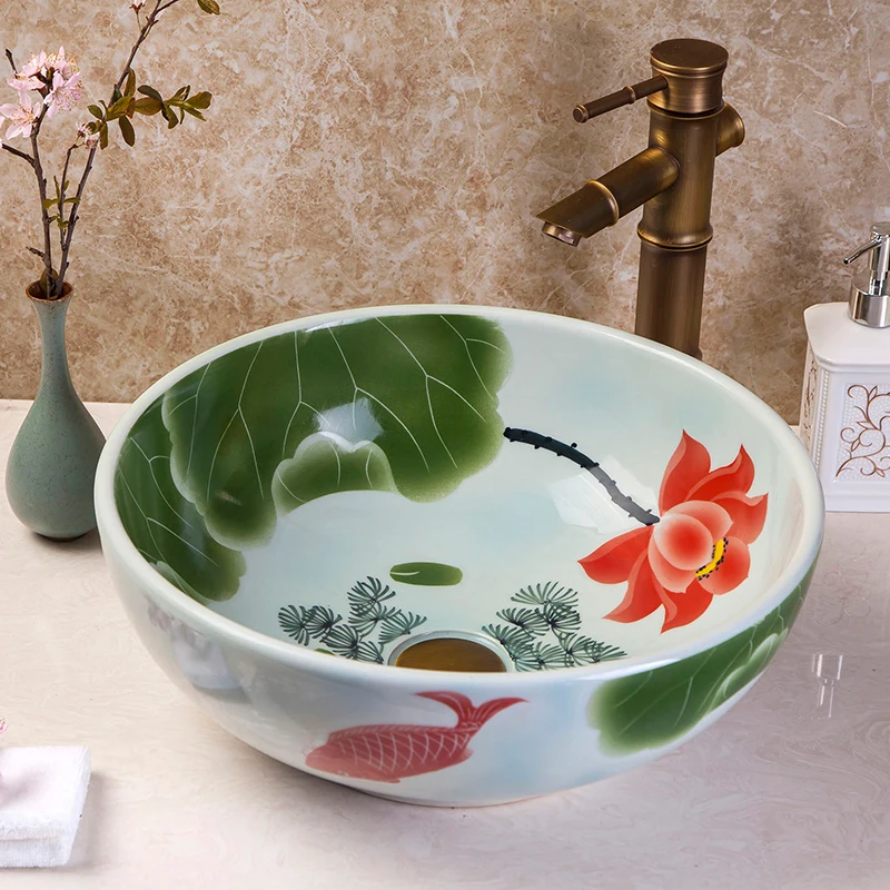 

China Artistic Porcelain Handmade fish painting ceramic counter top Artistic Wash Basin Bathroom Sink