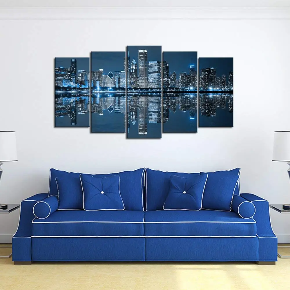 Canvas Painting Art Decor- Chicago Downtown at Night 5 Pieces Art Modular Wallpapers Poster Print for living room Home Decor