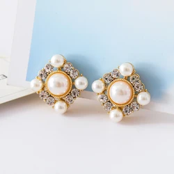 2025 New Design Double Round Shape Rhinestone Clip on Earrings Without Piercing Fashion Simulated Pearl Ear Clip