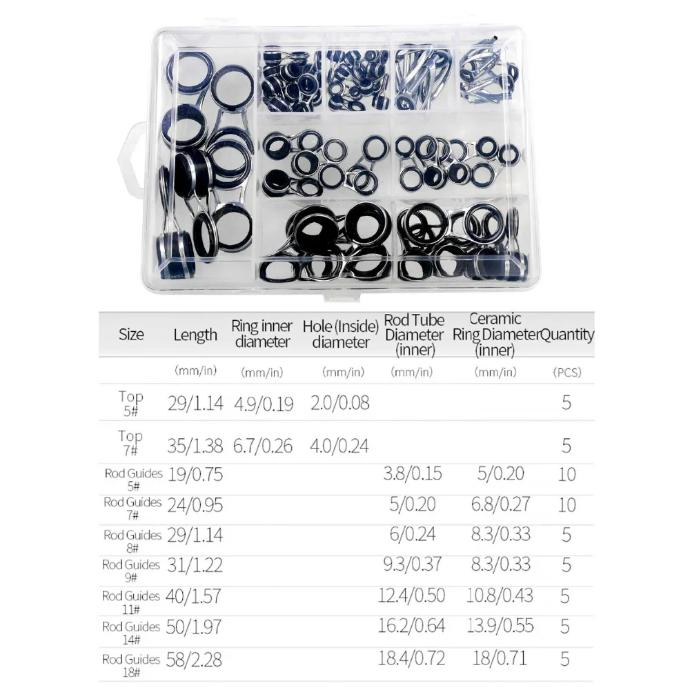 THKFISH 55pcs Fishing Rod Guides Top Tip Repair Set 2mm-18mm Spinning Ceramics Ring Fishing Rods Top Tips Replacement Kit