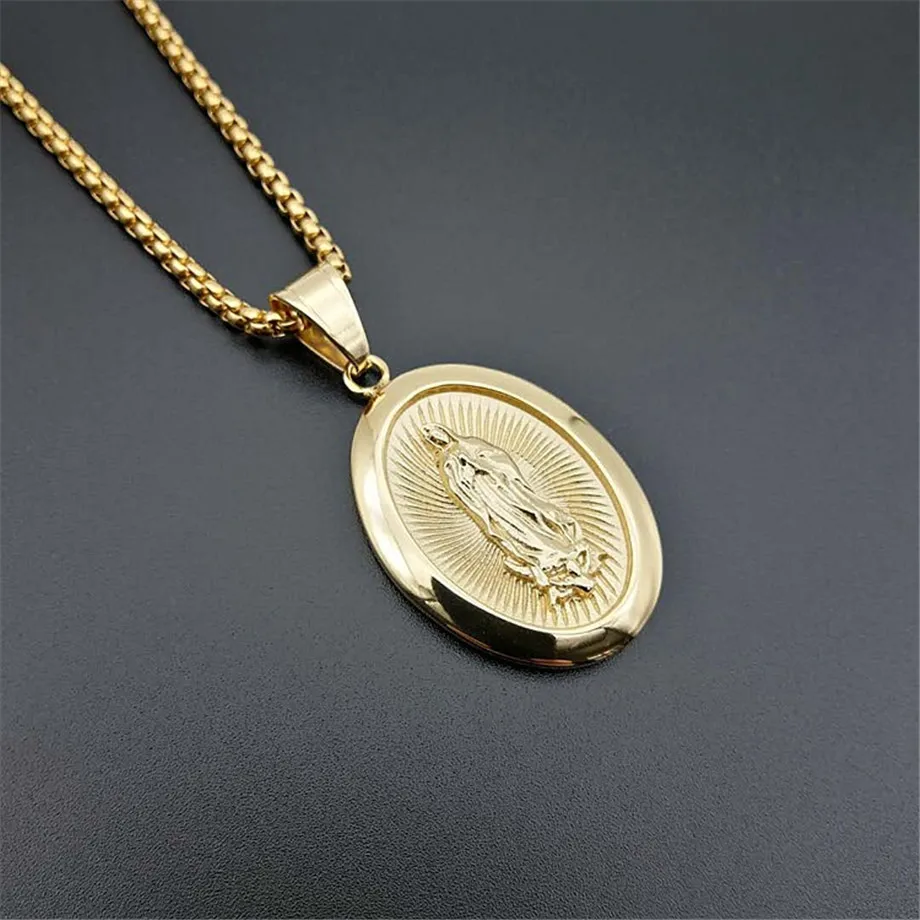 Hip Hop Iced Out Big Virgin Mary Naszyjniki Wisiorki Łańcuch ze stali nierdzewnej w kolorze złotym dla kobiet Biżuteria chrześcijańska Madonna T1368