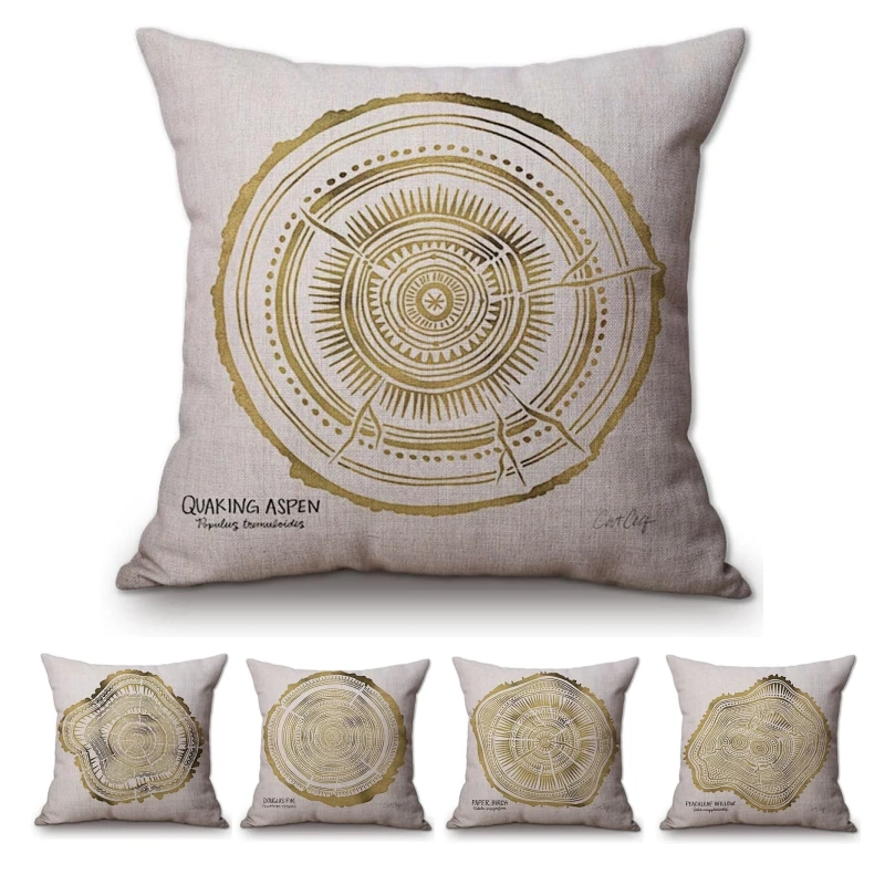 Gold Tree Ring Section Decoration Pillows for Home Golden Color Print Cotton Linen Outdoor Cushion Cover Sofa Throw Pillow Cases