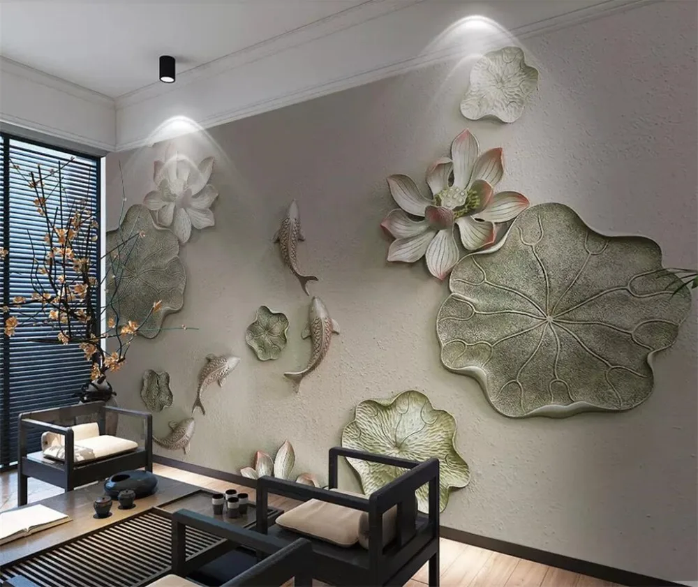 

beibehang Custom wallpaper 3d photo wallpaper New Chinese style Ning Yu carp lotus wallpaper decorative painting papel de parede