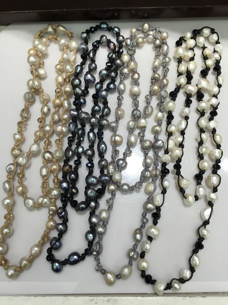 wholesale 20pcses/lot Long Natural pearl and crystal necklace with wax rope Baroque irregular  mix order long short double use