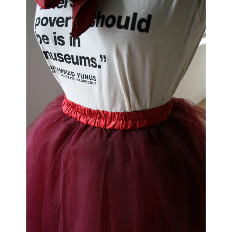 Burgundy Wine Red Tulle Skirt Elastic Waistline With Ribbons A Line Knee Length Puffy Tutu Skirt Real Photos