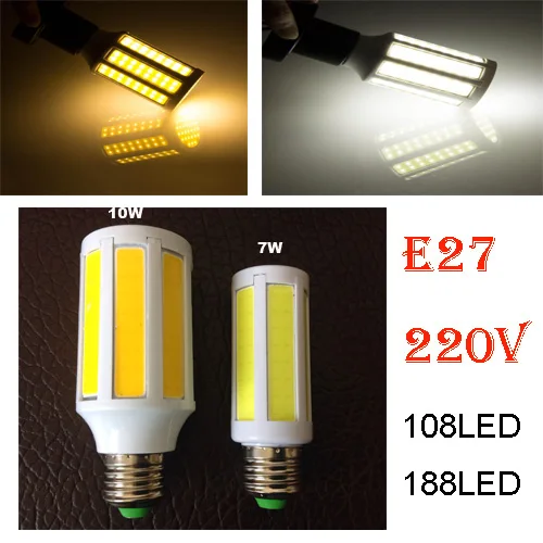 Super Bright  COB Led Corn Light 10W 7W E27 Bulb white/warm white lamp 108LEDs 188LEDs  AC 220V 360 Degree Spotlight home light