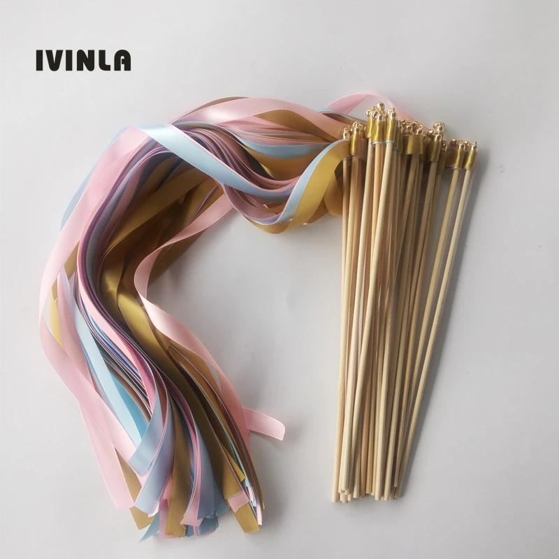 

Hot Selling Gold pink and blue Wedding ribbon Wands with gold Bells for wedding decoration