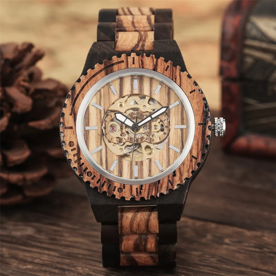 Automatic Mechanical Men Watch Wooden Watches Luxury Mens Wood Watchband Creative New Self Winding Male Timepieces reloj