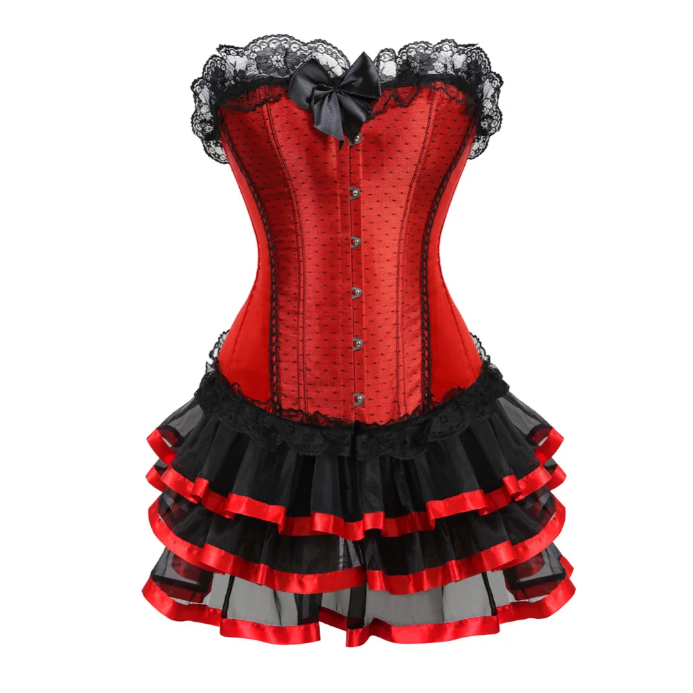 Overbust Corset Dress Lace up Boned Corset Mesh Skirt Red  Sexy Showgirl Dance Dress Gothic Corset Dresses for Women Plus Size