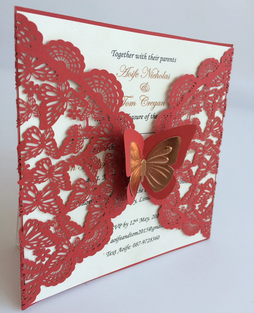 Red Wedding Invitation Cards, Laser Cut Paper Wedding Invitations, Bridal Shower Invitation, Lace Wedding Cards - Set of 50