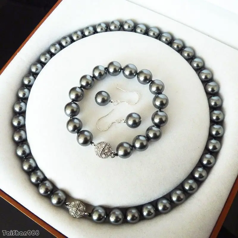 

AAA+ 10mm Black Shell Pearl NEW Crystal Clasp Earrings Bracelet Necklace Set AAA style Fine Noble real Natural free shipping