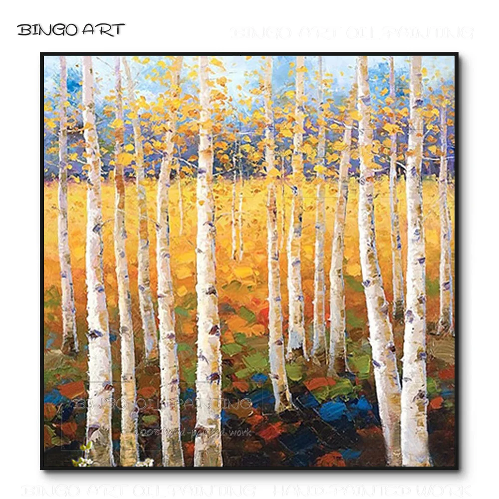 Free Shipping Hand-painted High Quality Beauty Landscape Birch Tree Oil Painting Beauty Art Landscape Birch Forest Oil Painting