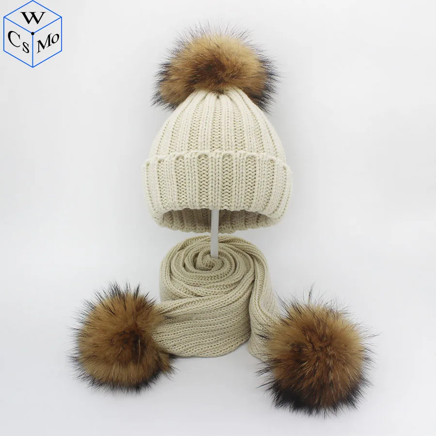 Chegam novas crianças de inverno chapéu & cachecol natural real pele de guaxinim pompom 3 pçs pom gorros crianças cachecol quente chapéus 1-8 anos