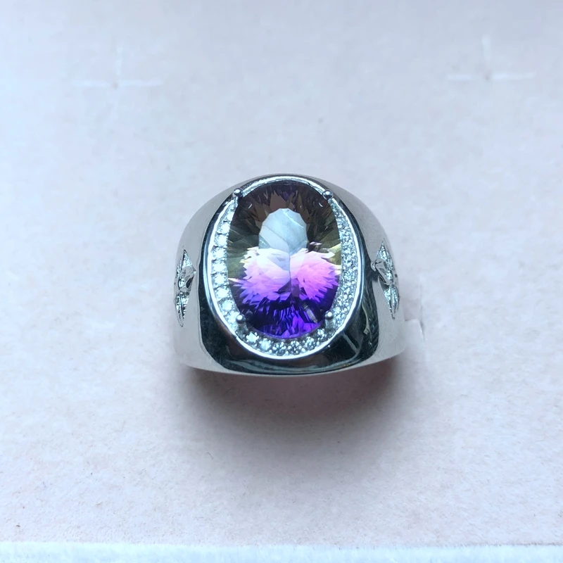 

Simple atmospheric style, natural ametrine ring, beautiful color, two-color fire, 925 silver, men's ring,