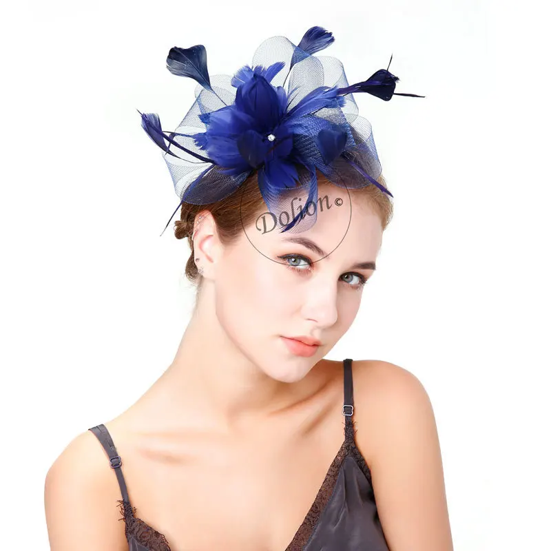 Lady Fedoras Hat Female New Feather Fedoras Hat Girls Hairpin Banquet Cap Mesh Hairdressing Party Headwear Women Party Cap B8303