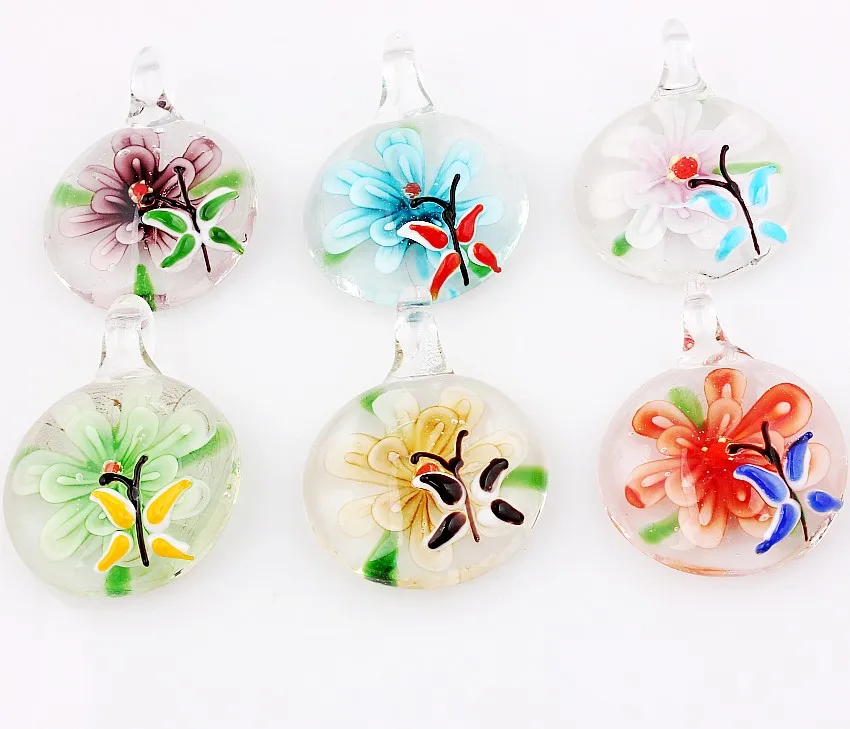 Qianbei Wholesale 6pcs Handmade Murano Lampwork Glass Mix Color Round Insect Flower Pendant Fit Necklace Jewelry G