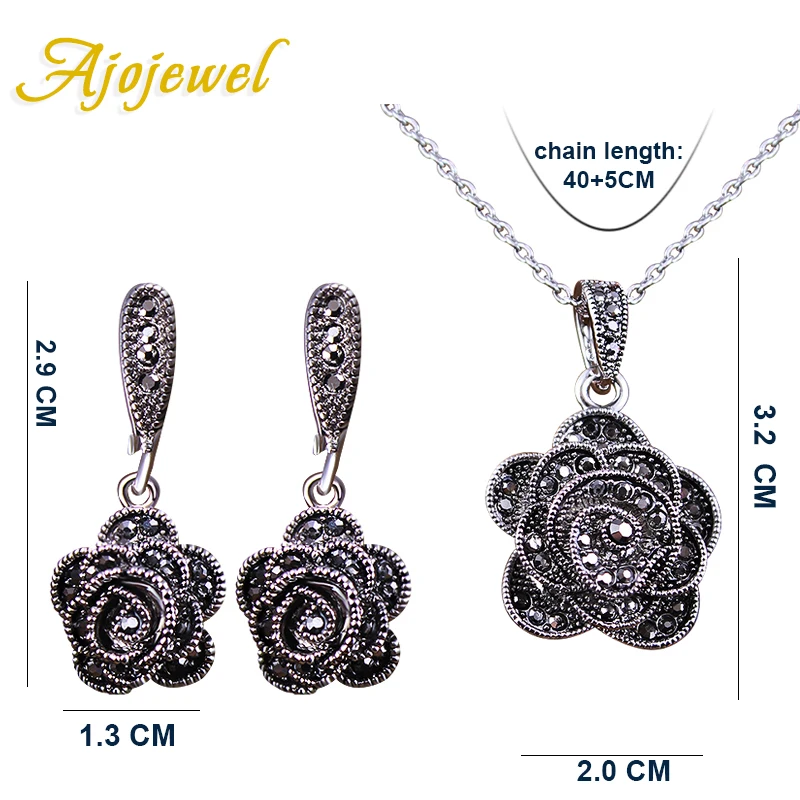 Ajojewel Brand Parure Bijoux Elegant Crystal Rose Flower Necklace Earrings Black Vintage Jewelry Sets For Women