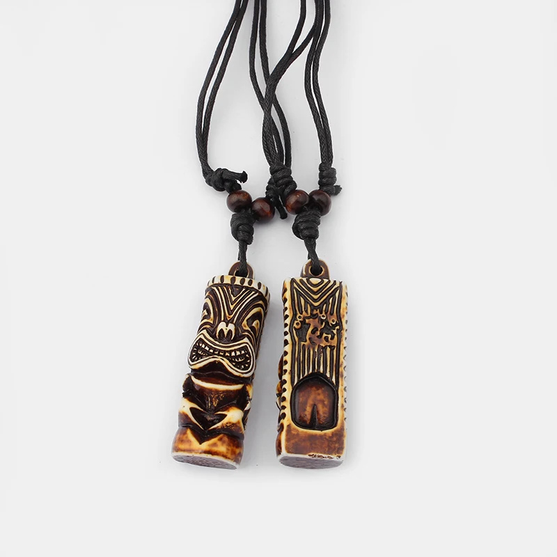 1Pcs Brown/White Faux Yak Bone Tribal Tiki Man Totem Zealand Maori Tiki Totem Amulet Pendant Necklace Jewelry