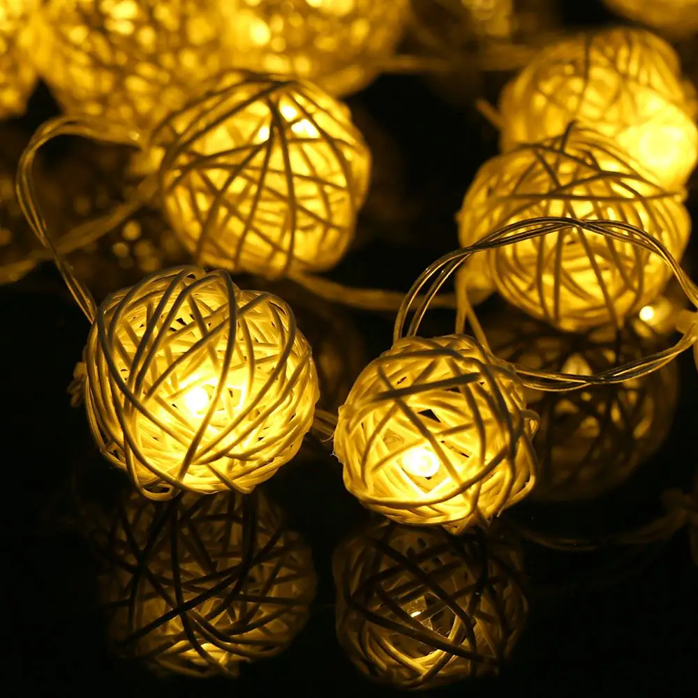 LED Battery String Lights 2M 20pcs White Handmade Rattan Balls String Lights Fairy Party Wedding Patio Christmas Decor