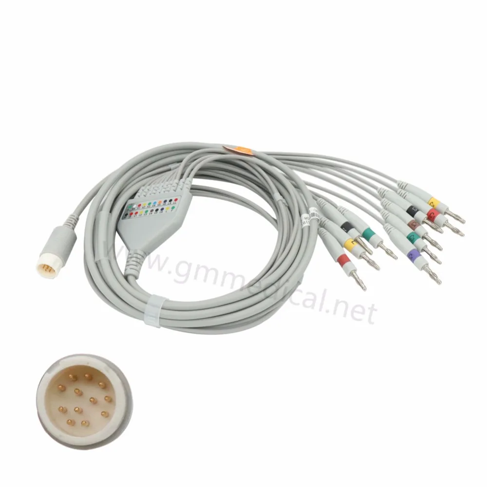 One Piece 10-Lead Leadwires EKG Cable Compatible with Mindray,IEC,Round 12pin-Banana 4.0.