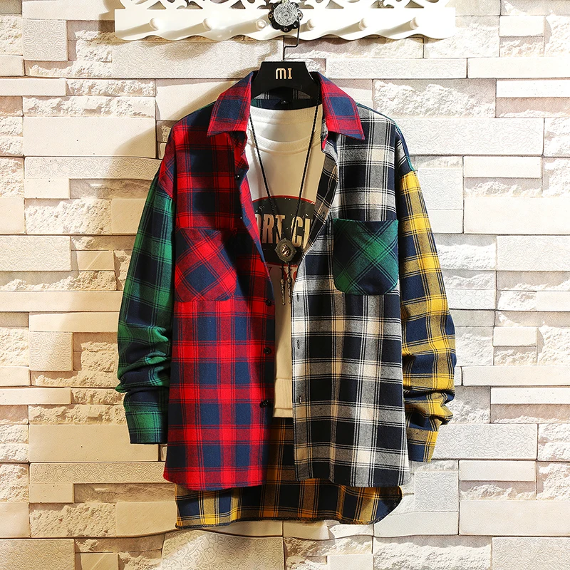 2021 new personality patchwork red plaid shirt men\'s street casual hip hop long-sleeved shirt men\'s loose shirt large size M-5XL