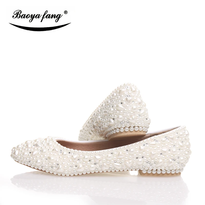 BaoYaFang Beige pearl Crystal womens wedding shoes Flat big size female shoes real leather insole woman shoes Bridal party shoes