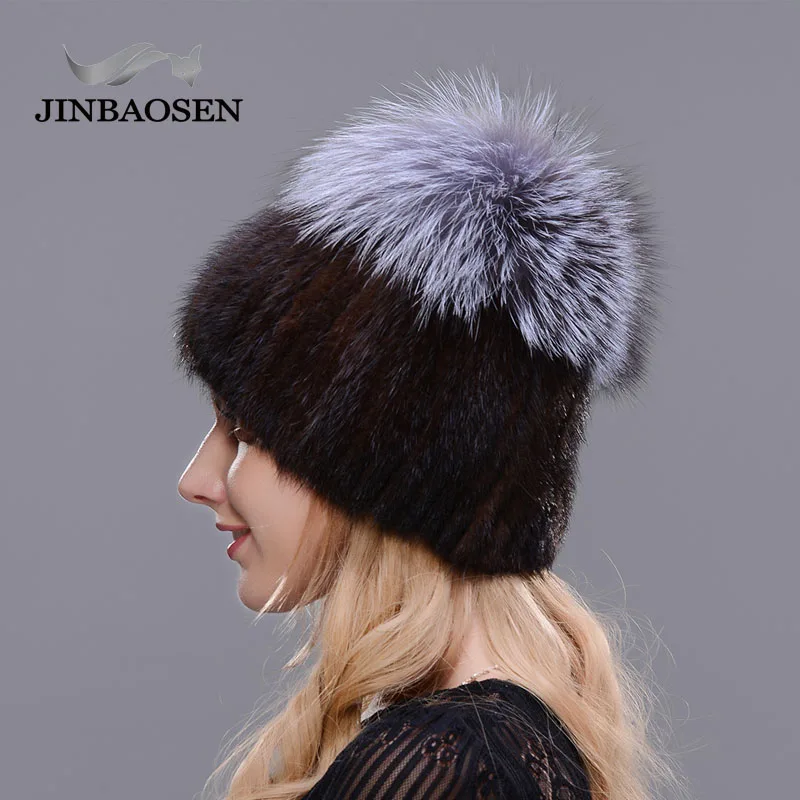 JINBAOSEN Style Winter Female Fur Hat Mink Fur Plus Fox Fur Stitching Knit Liner Fur Ski Hat Free Shipping