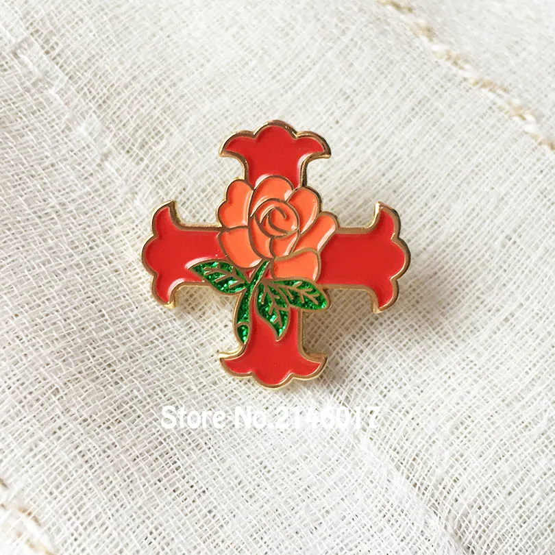 10pcs Red Cross Of Constantine Rose Glitter Pins Brooch Masonic Lapel Pin Knight Scottish Rite Free Masons Custom Enamel Badge