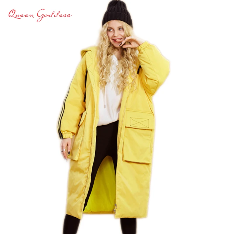 

Autumn and Winter women long duck down warm jacket Yellow and white color with hat plus size cocoon style parkas sport outwear