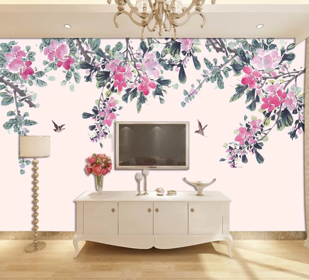 

Beibehang Home decoration murals watercolor plum blossom national painting tricks flowers and birds TV background 3d wallpaper