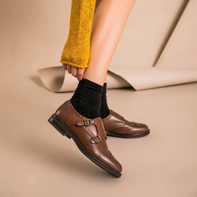 BeauToday Monk Shoes Women Calfskin Genuine Leather Buckle Strap Brogue Style Round Toe Casual Ladies Flats Handmade A21408