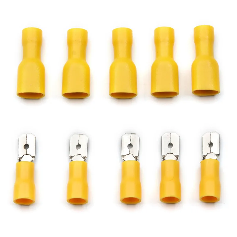 100Pcs 1.5-2.5mm2 Yellow Female + Male Spade Insulated Electrical Crimp Terminal Connectors Wiring Cable Plug  FDFD2-250 MDD2-25