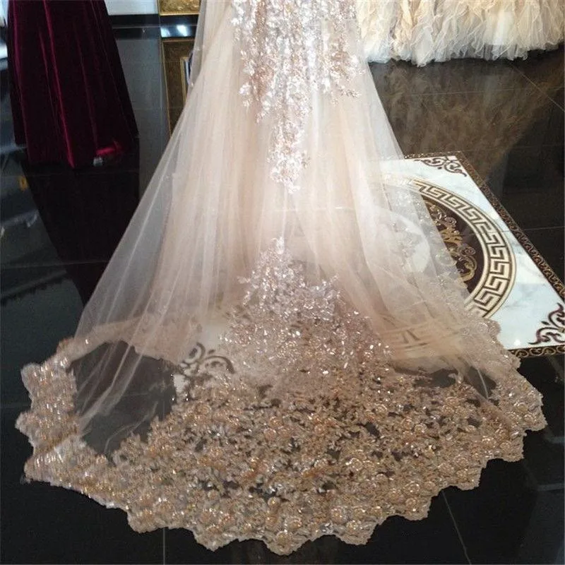 ใหม่3M ชั้นแชมเปญ Bling Bling Sequins ลูกไม้ Applique Wedding Veil Cathedral ฟรีหวี Custom Made เจ้าสาว