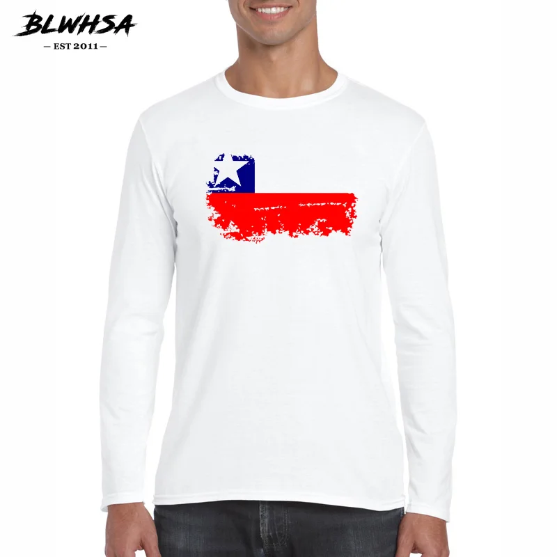 BLWHSA Chile National Flag Design White Men Streetwear T Shirt Tops Long Sleeve Spring Withe 100% Cotton T-shirts for Men