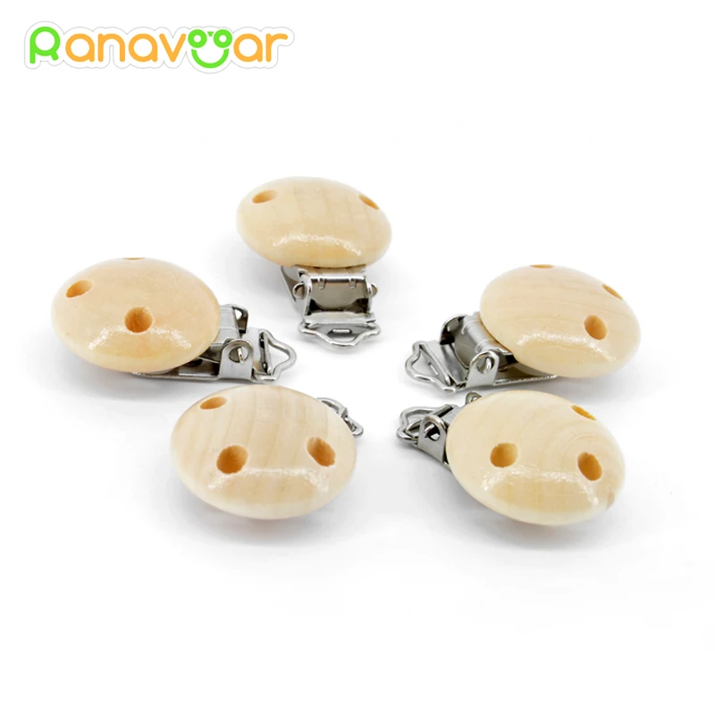 5 PCS Wood Baby Pacifier Clips Natural Color Painting Colorful Wooden Round With Metal Holders Kids Feeding 4.5cm x 2.8cm