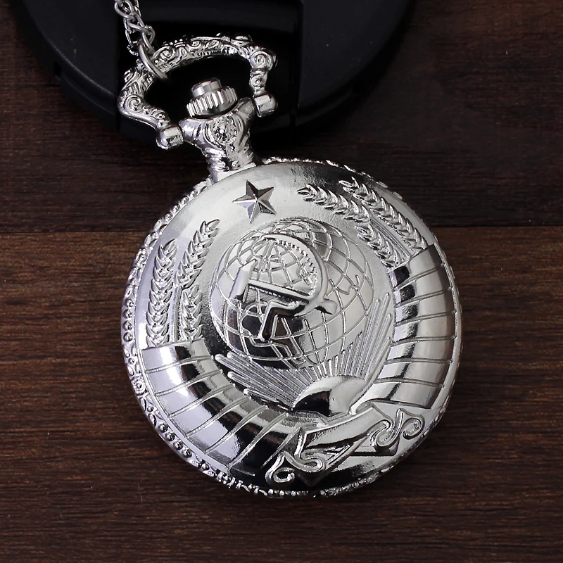 Bronze Retro Silver Black Soviet Sickle Hammer Quartz Pocket Watch Mens Stainless Silver Pendant Necklace Chain Women Men Gifts