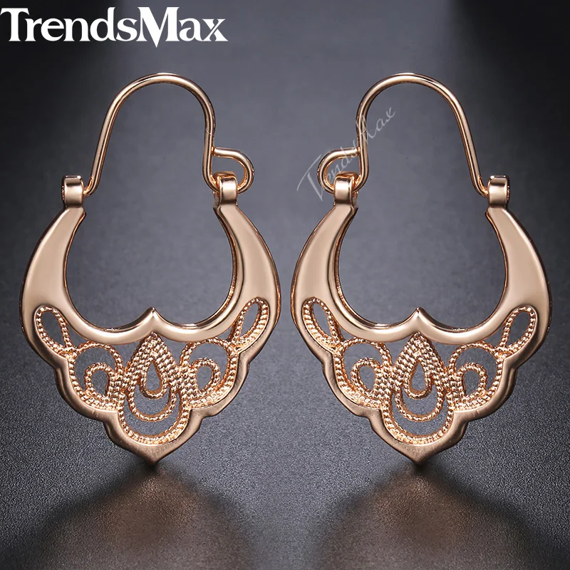 585 Rose Gold Color Earrings For Women Girls Hollow Flower Pattern Luxury Wedding Earring Fashion Jewelry Valentines Gifts GE193