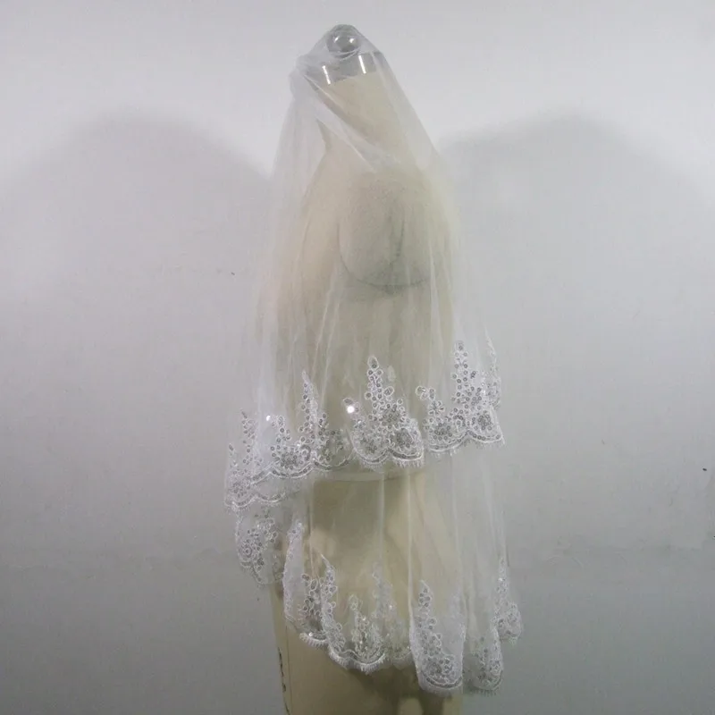 Véu de noiva com duas camadas, renda curta com pente