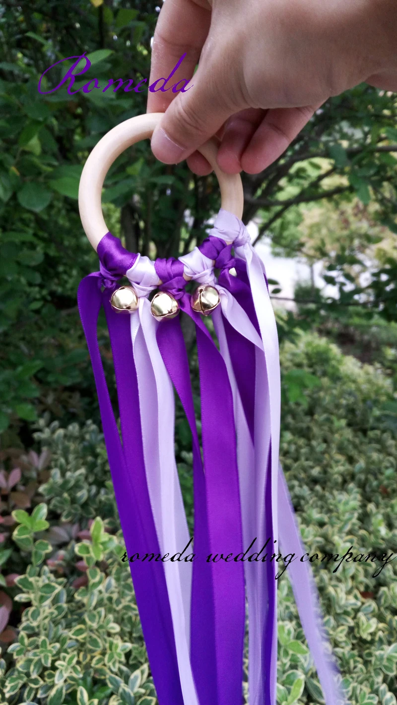 New Arrived Purple + Light Purple Color Stain ribbon Wooden Ring Waldorf Ribbon With Gold  Bell Hand Kite Toy