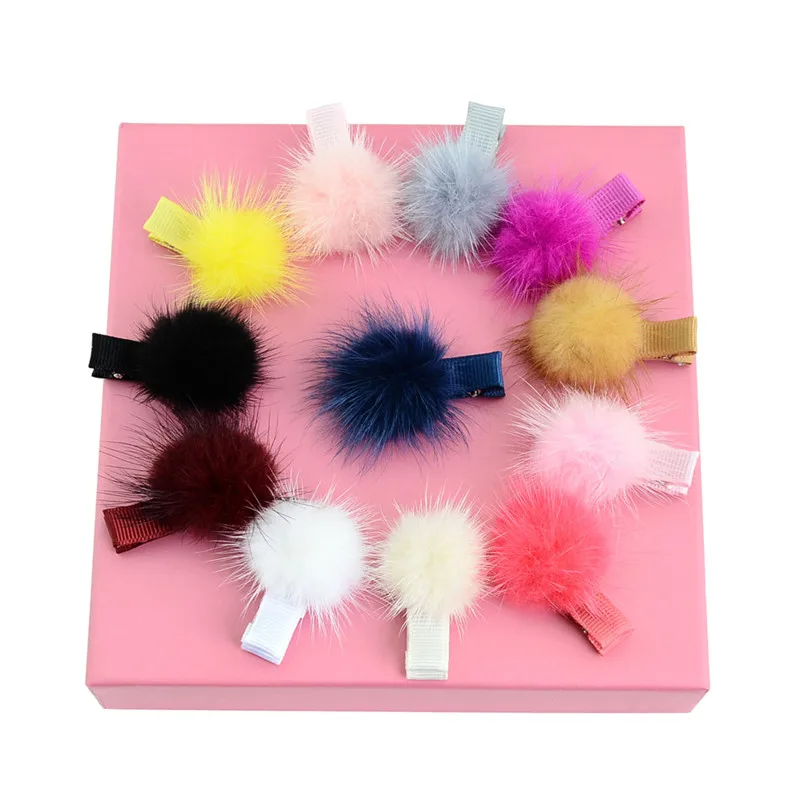 UNTAMED 12pcs/lot Mini Solid Fur Pompom Ball Girls Small Lovely Hairclip Kids Hairpins Hair Accessories Pom Hairball Clips