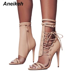 Aneikeh Roman Buckle Strap Shoes Women Sandals Sexy Gladiator Cross-Tied Lace Up Peep Toe High Heels Ankle Boots Black Aprict