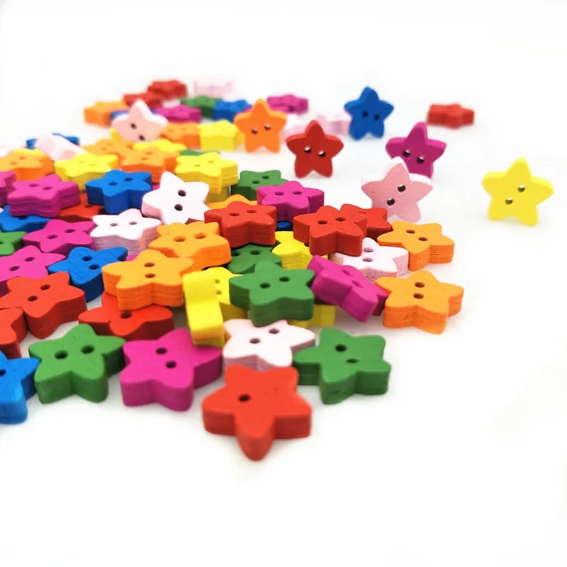 100 Pcs 13mm Colorful Wooden Star Buttons 2 Holes Clothes Button for Sewing Scrapbooking Art Crafting DIY Decoration 5BB5601