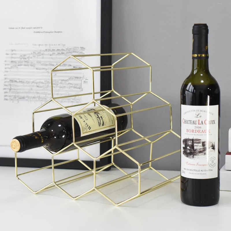 6 Bottles Metal Wine Rack, Countertop Free-stand Wine Storage Holder, Space Saver Protector for Red & White Wines - Gold